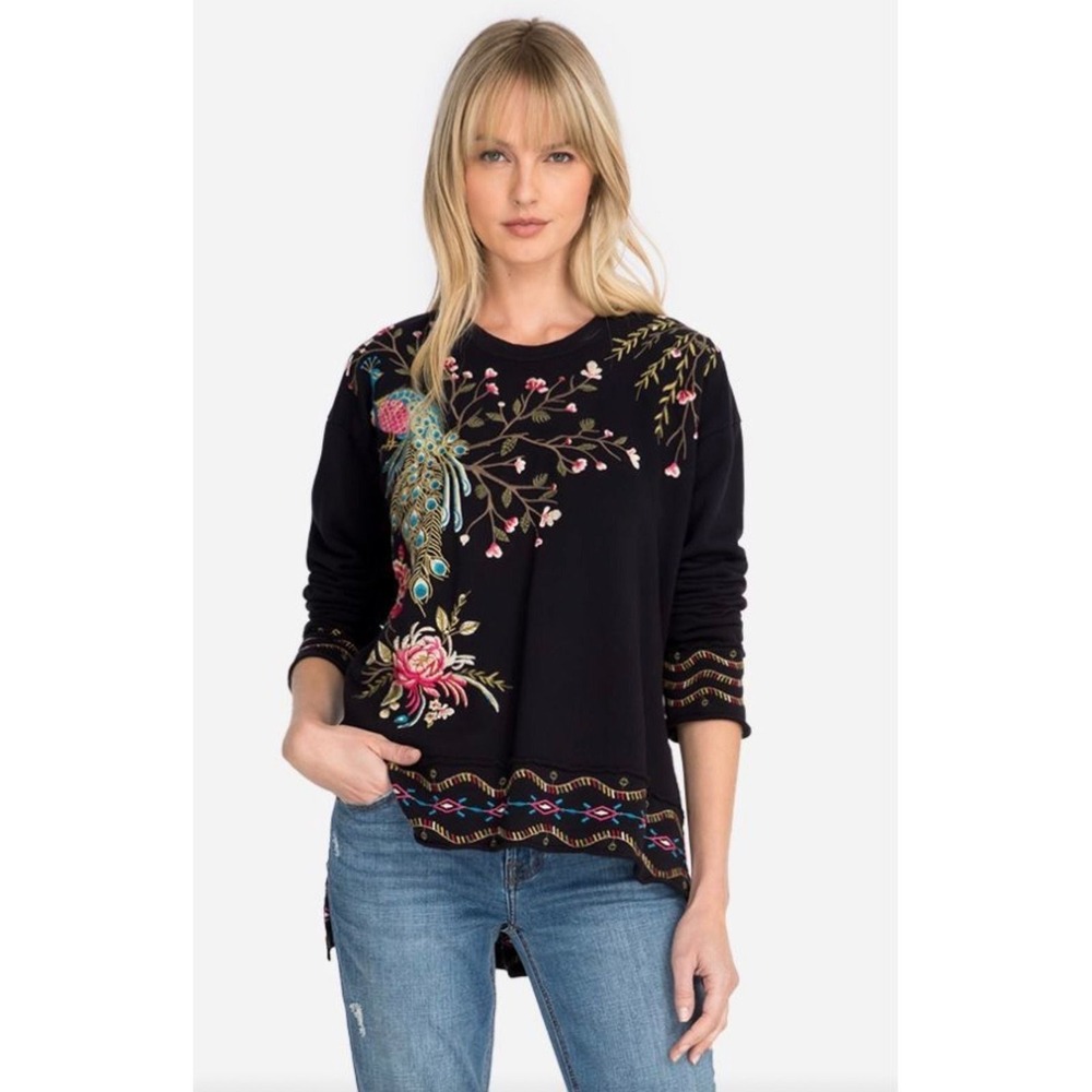 Johnny Was Anzia Sweatshirt Womens Black Peacock Embroidered Boho Maximalist XL - Picture 2 of 4